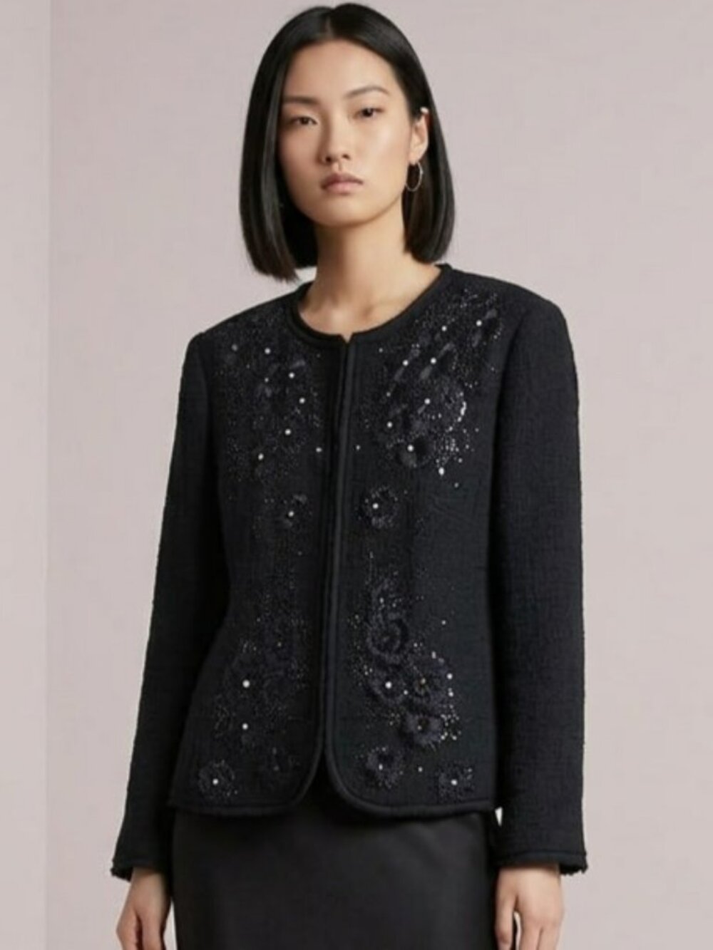 Lafayette 148 Beaded Collarless Black Cotton Evening Jacket Size 16